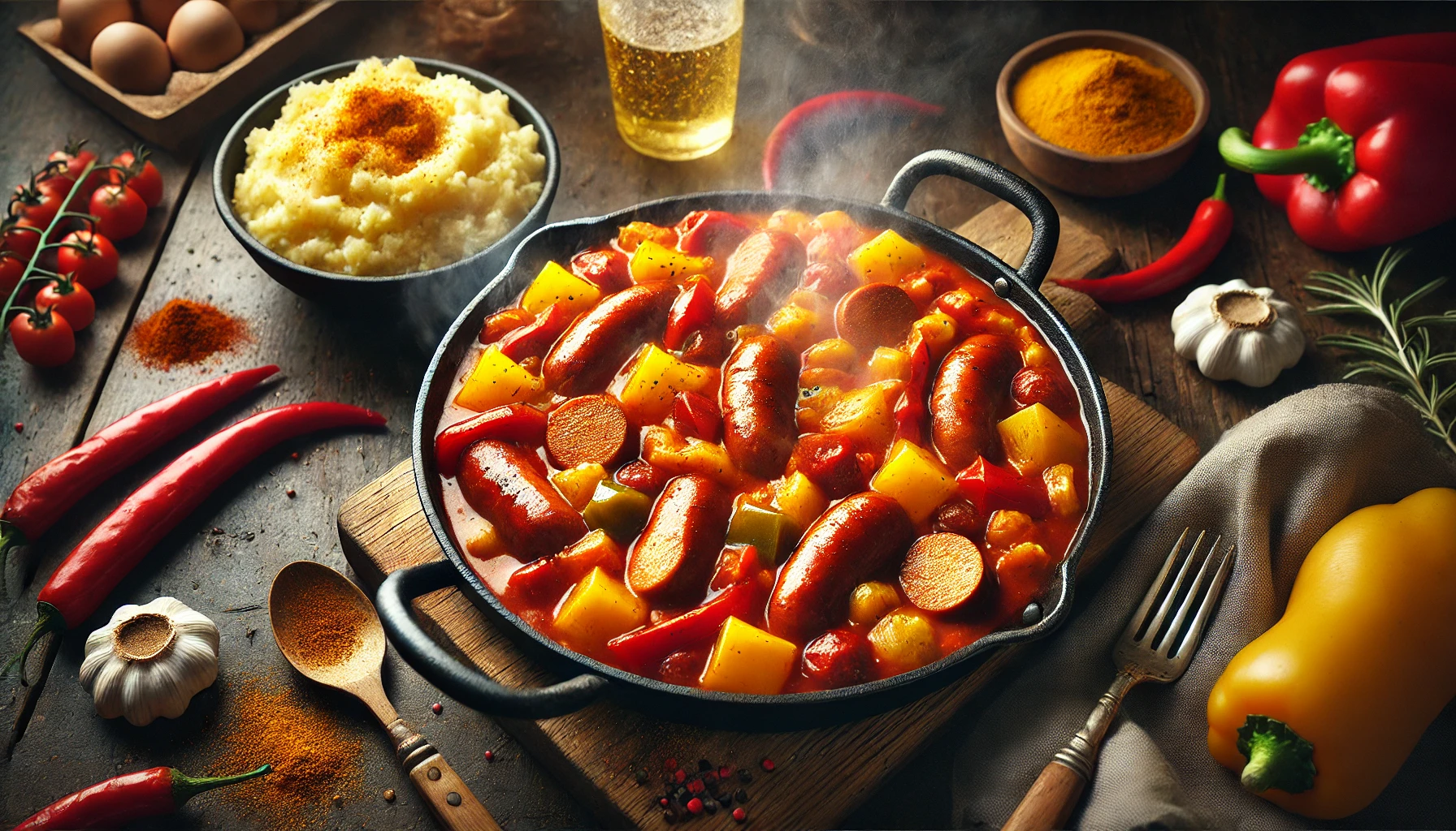 Paprika-Curry-Wurst-Pfanne mit Kartoffelstampf oder Reis