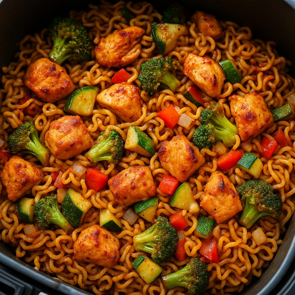 Airfryer-Asia-Pfanne mit YumYum-Nudeln, Hähnchen & Gemüse
