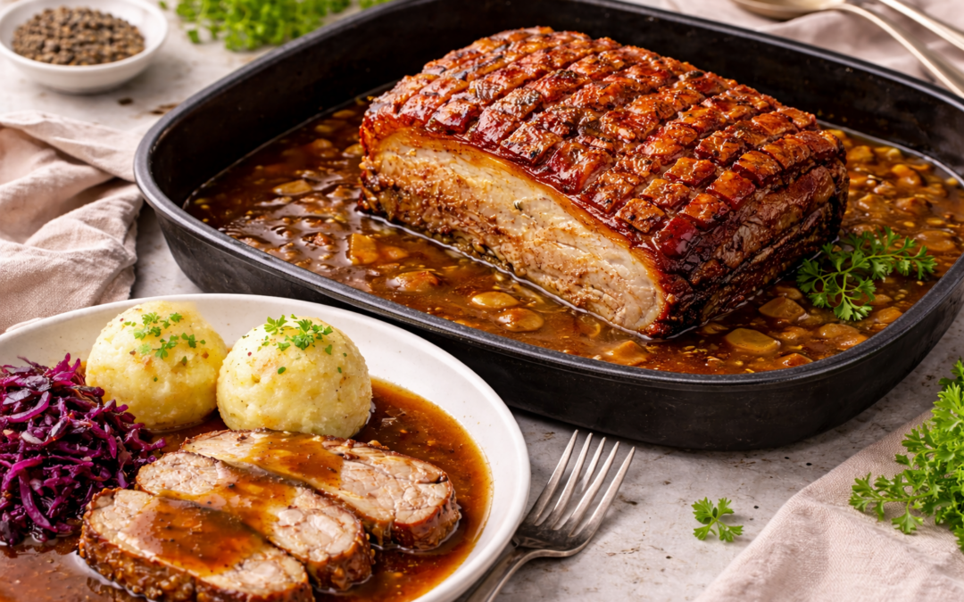 Krustenbraten aus dem Backofen mit brauner Soße